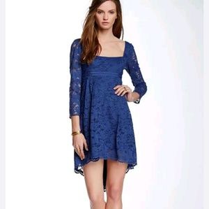FREE PEOPLE Petit Trianon Blue Lace High Low Square Neck Blue Mini Dress